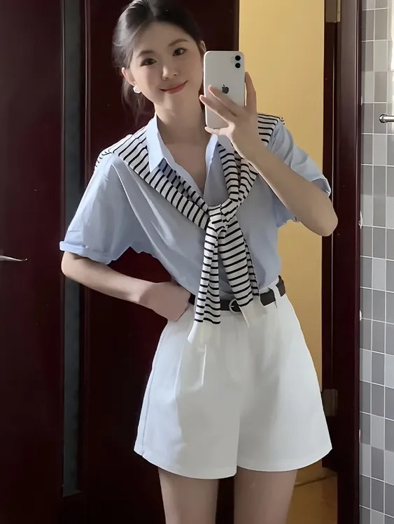 2025夏季新款韩系小香风通勤穿搭蓝色短袖衬衫披肩高腰短裤三件套