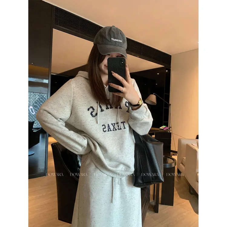 现货大婉酱微胖定制时尚连帽卫衣半裙套装女印花加绒两件套 2744D