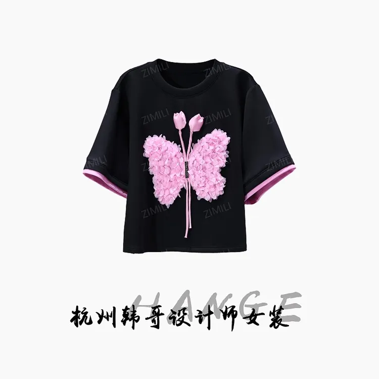【韩哥女装】2025欧版《灼灼》小众设计师午夜黑立体盘花短袖6637-C3