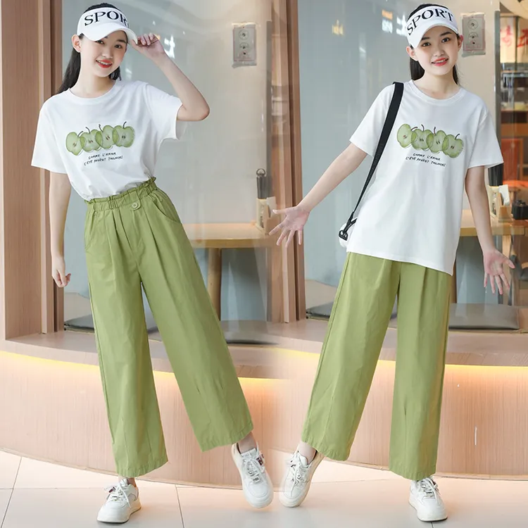 女童夏装2025新款初高中生女孩苹果印花短袖T恤休闲九分裤穿搭