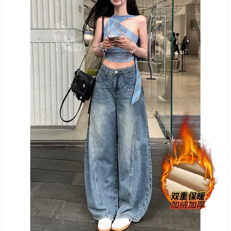 加绒美式高街弯刀牛仔裤女2025冬季新款高腰宽松显瘦痞帅阔腿裤