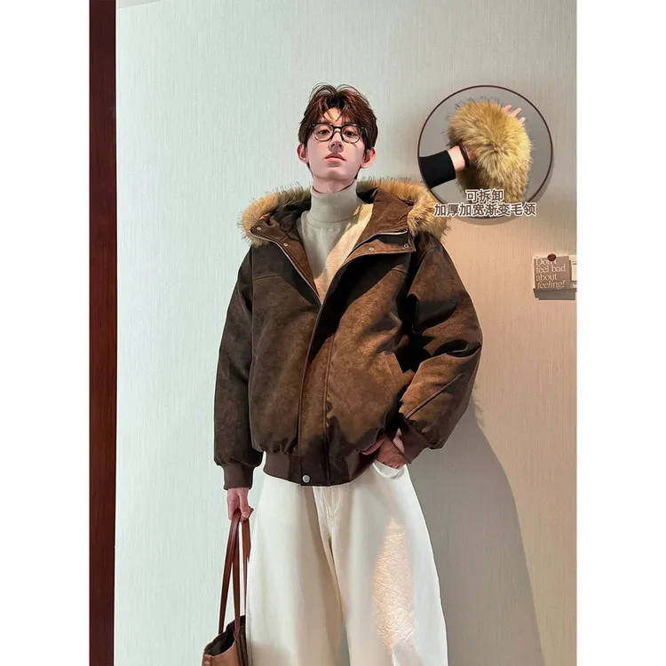 QYDD潮牌【加大加厚毛领】可拆卸连帽雾面pu皮棉服男女保暖防风棉衣