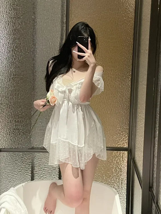 【茶系】甜可没q夏季纯欲风V领蕾丝镂空吊带睡裙女式家居服