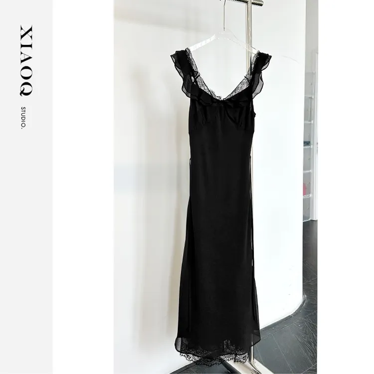 【小Q家】79542设计感蕾丝拼接吊带连衣裙