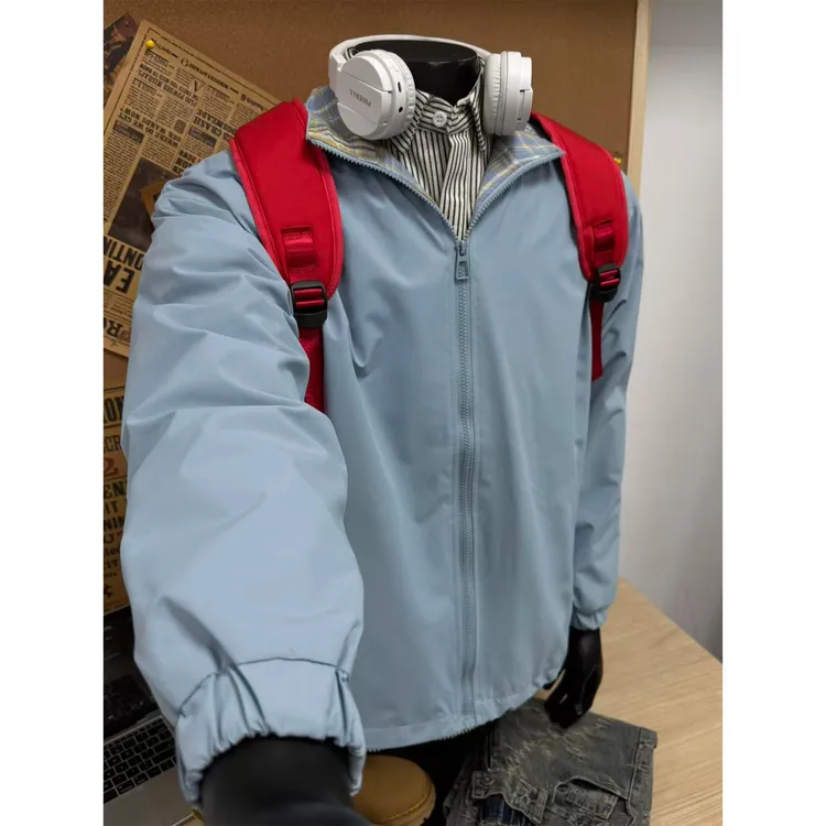 vintage格子学院风夹克男女早秋高级感美式宽松百搭情侣立领外套