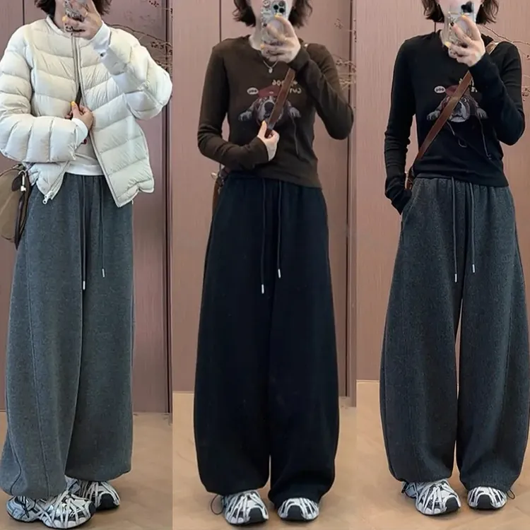 2025秋冬韩版新款休闲裤显瘦羊毛保暖小弯刀裤高克重加绒阔腿裤子