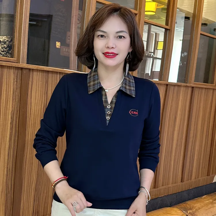 秋季新款时尚休闲减龄显瘦长袖上衣时尚翻领假两件气质妈妈装D127