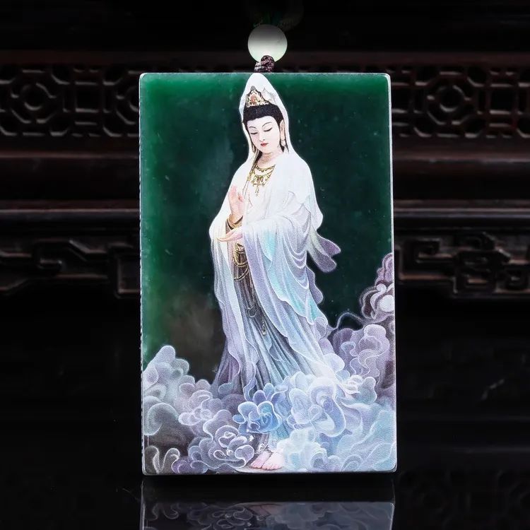 天然A货翡翠南海观音牌坠喷绘色彩冰种玉石菩萨挂件玉佩高档送礼