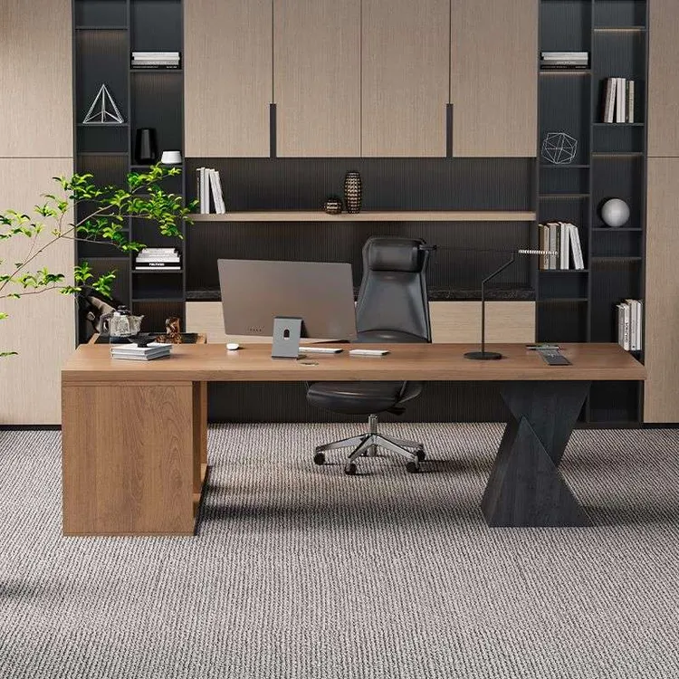 实木办公电脑桌茶桌一体两用大班台办公室老板书桌轻奢高级感中式