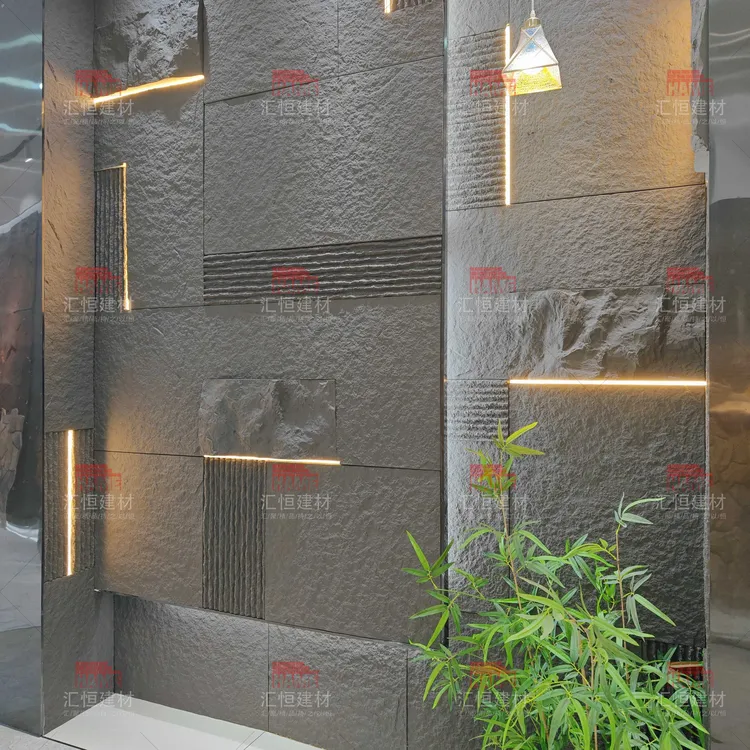 现代风格背景墙黑山岩混搭流水石加灯光设计天井茶室pu石板吧台