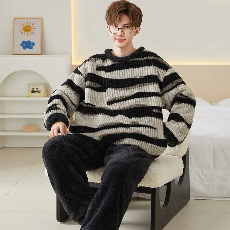 睡衣男珊瑚绒冬季加绒加厚保暖高中学生青少年中大童法兰绒家居服