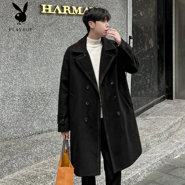 PLAYBOY/花花公子潮牌英伦风中长款风衣男士秋季韩版宽松过膝大衣