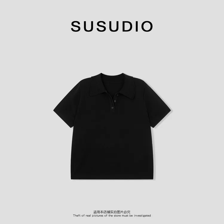 SUSUDIO  夏季新款老钱风简约polo领纯色短袖针织衫 50123
