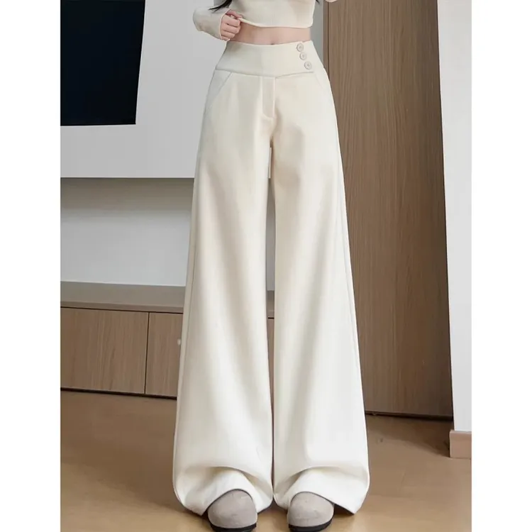 米白色毛呢阔腿裤女秋冬季新款慵懒风宽松直筒裤小个子加厚西装裤