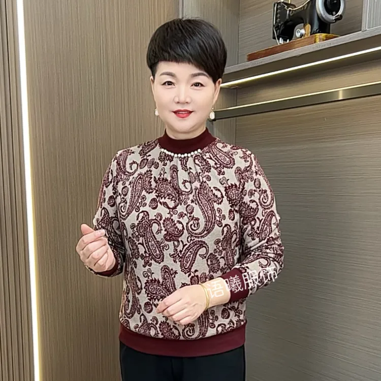 常规款圆领长袖腰果花中老年女装秋季百搭时尚短款上衣F5820