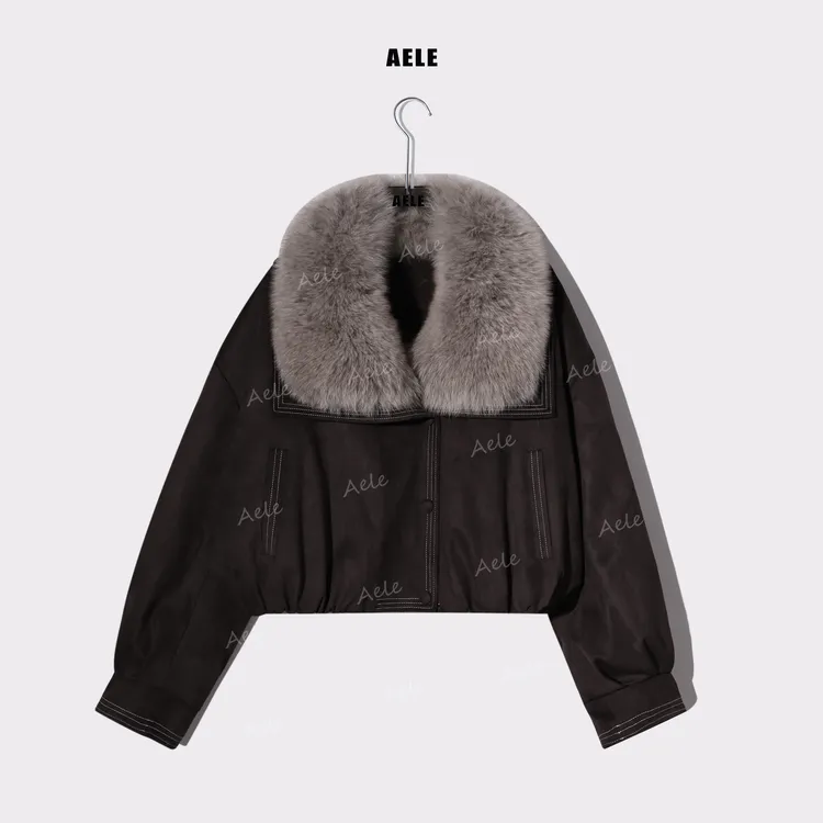 AELE秋冬复古麂皮质感狐毛领鹅绒羽绒短款设计感外套Y855 3700 AD