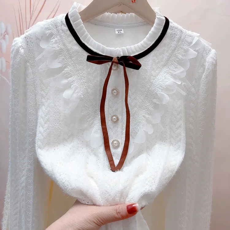 飘带加绒加厚网纱蕾丝打底衫半高领气质上衣内搭显瘦宽松衬衫小衫