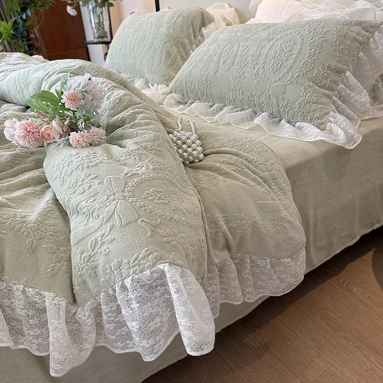 法式冬季雕花绒轻奢感牛奶绒蕾丝花边四件套少女心加厚绒保暖床品