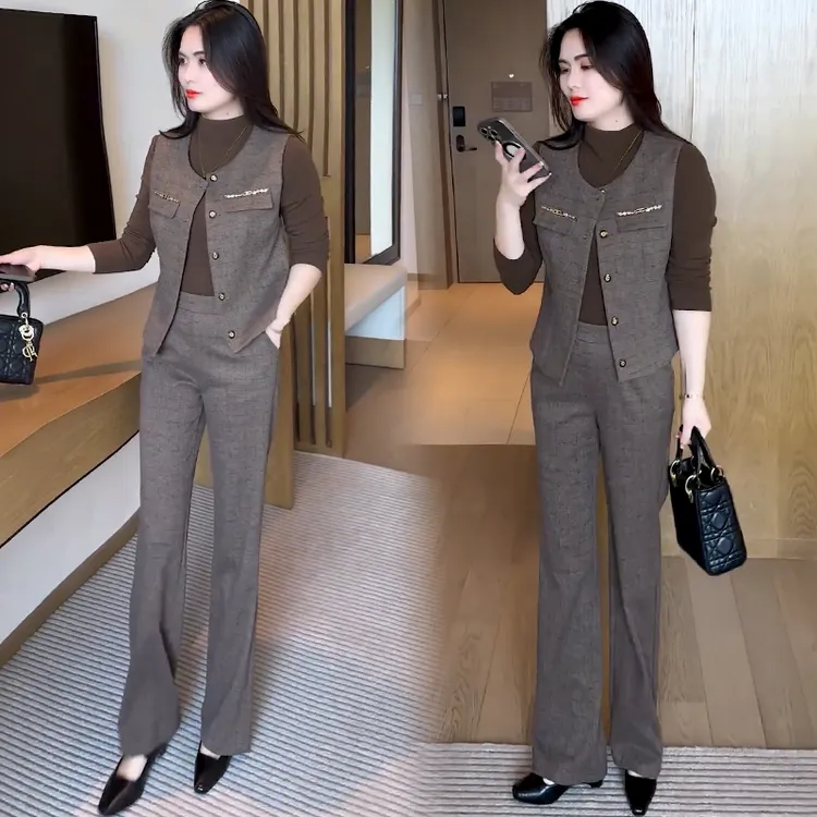 时尚套装女士2025春秋新款洋气质显瘦马甲长袖打底衫阔腿裤三件套