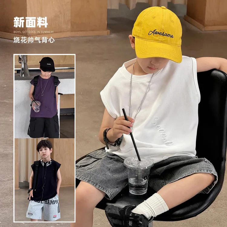 儿童装男童夏装无袖背心2025新款中大童夏季休闲夏款速干帅气T恤t