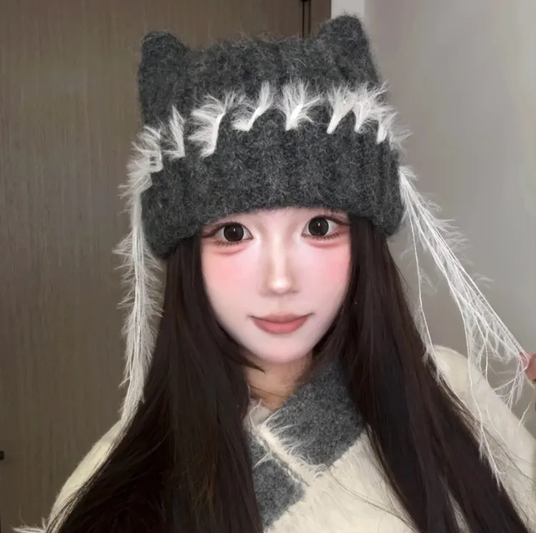 【流苏猫耳朵针织帽】多种戴法冬季加厚可爱保暖包头帽大头围冷E-05