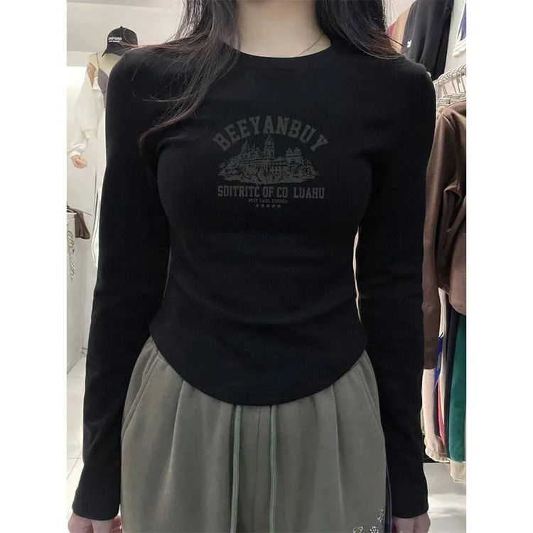 韩系chic别致字母印花德绒加厚长袖t恤女内搭修身显瘦打底衫上衣