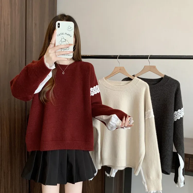 大码胖mm2025秋冬季新款圆领纯色简约提花蕾丝宽松显瘦毛衣女