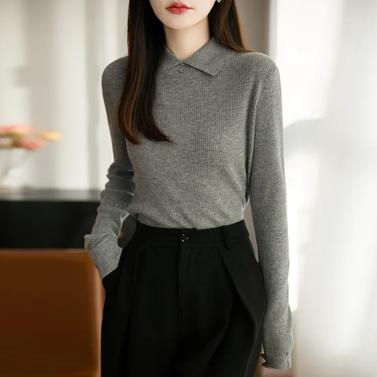 秋冬显瘦针织时尚长袖衫翻领气质百搭女士打底衫