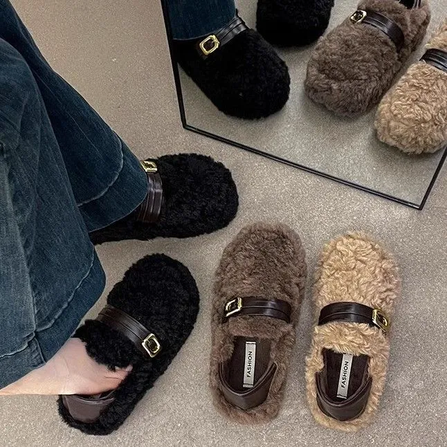 时尚复古百搭豆豆棉鞋女2025秋冬新款软底显瘦一脚蹬踩屎感毛毛鞋