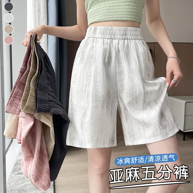 冰丝亚麻短裤女夏季薄款2025新款扎染棉麻山本直筒阔腿宽松五分裤