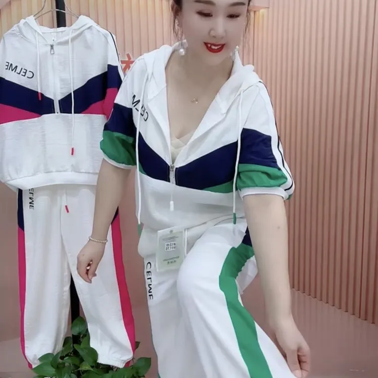 夏季连帽短袖运动套装女款宽松显瘦洋气减龄休闲卫裤套装
