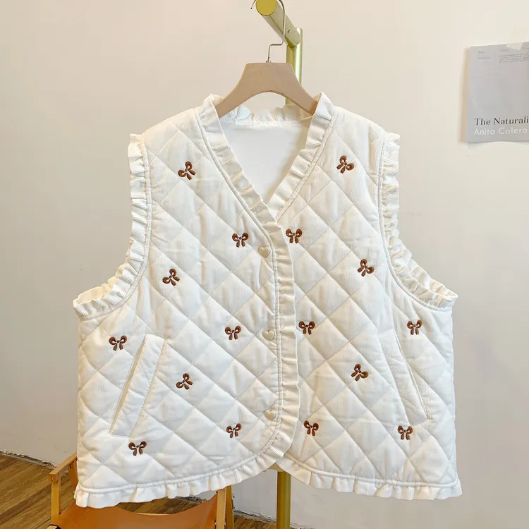 蝴蝶结马甲Y4025菱格夹棉灯芯绒刺绣蝴蝶结木耳边V领棉马甲