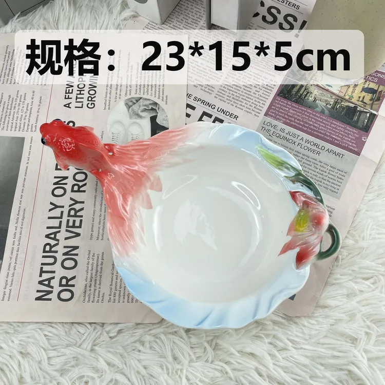 陶瓷装中式浮雕创意带把金鱼汤碗