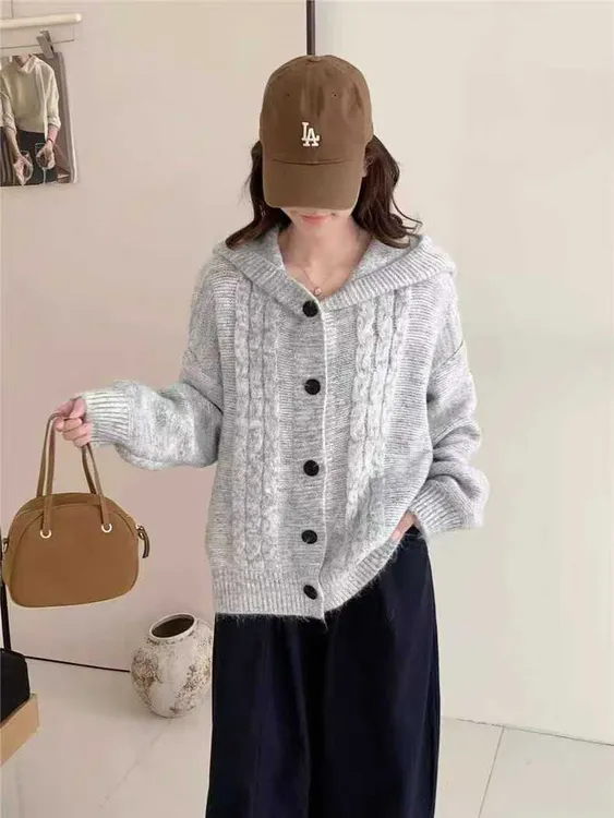 灰色麻花毛衣外套新款秋冬针织开衫慵懒风复古针织衫宽松连帽上衣