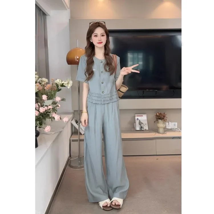 【两件套】松弛感女夏季新款木耳边上衣高腰阔腿套装D1988