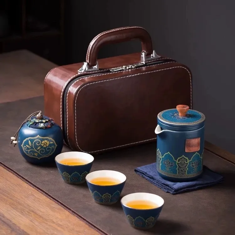 【正品】便携式旅行茶具套装一壶三杯户外露营车载泡茶装陶瓷快客杯