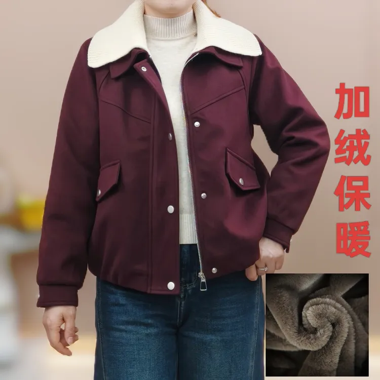  加绒加厚双层领翻领短款单排扣绒内胆常规款冬季风短外套女士