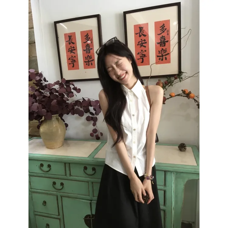 INS CEC韩系纯欲辣妹风Polo领无袖衬衫上衣搭配高腰半身裙两件套