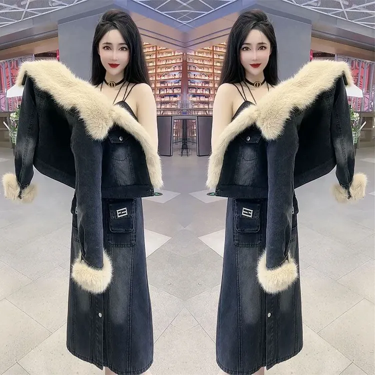 加厚套装女2025冬季新款欧货高级感毛毛短款牛仔外套半身裙两件套