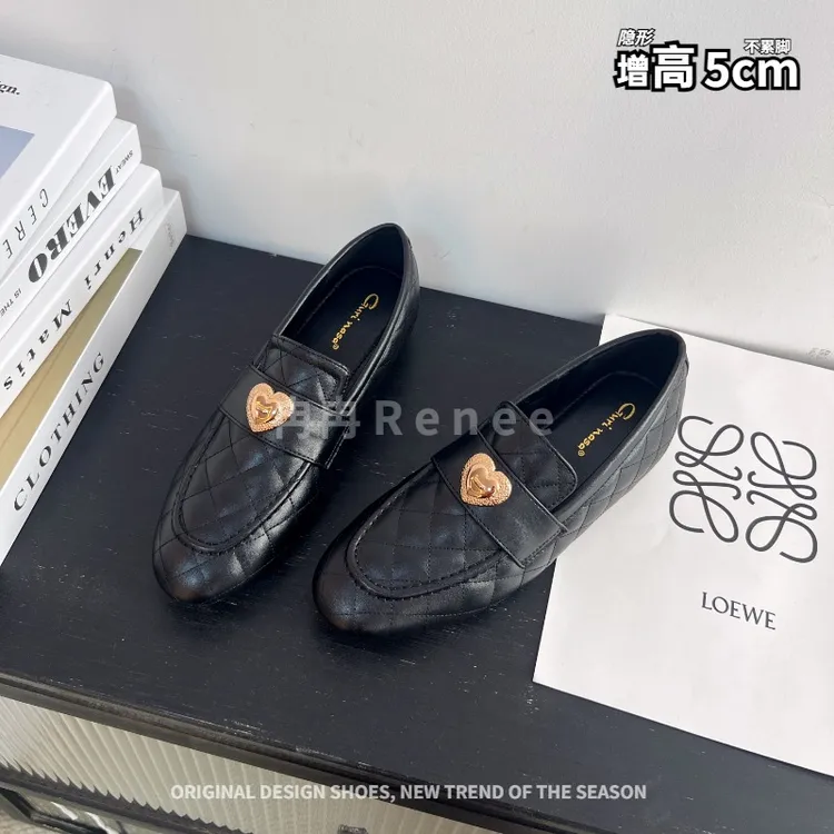 冉冉Renee小香风手工菱格爱心扣乐福鞋女英伦风小皮鞋增高5cm单鞋