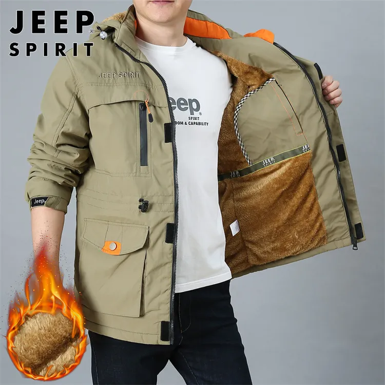 JEEPSPIRIT卡其色加绒保暖夹克男士2026春秋季户外防风宽松冲锋衣