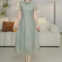 D392复古水墨画缎面刺绣宽松显瘦夏季温柔风连衣裙