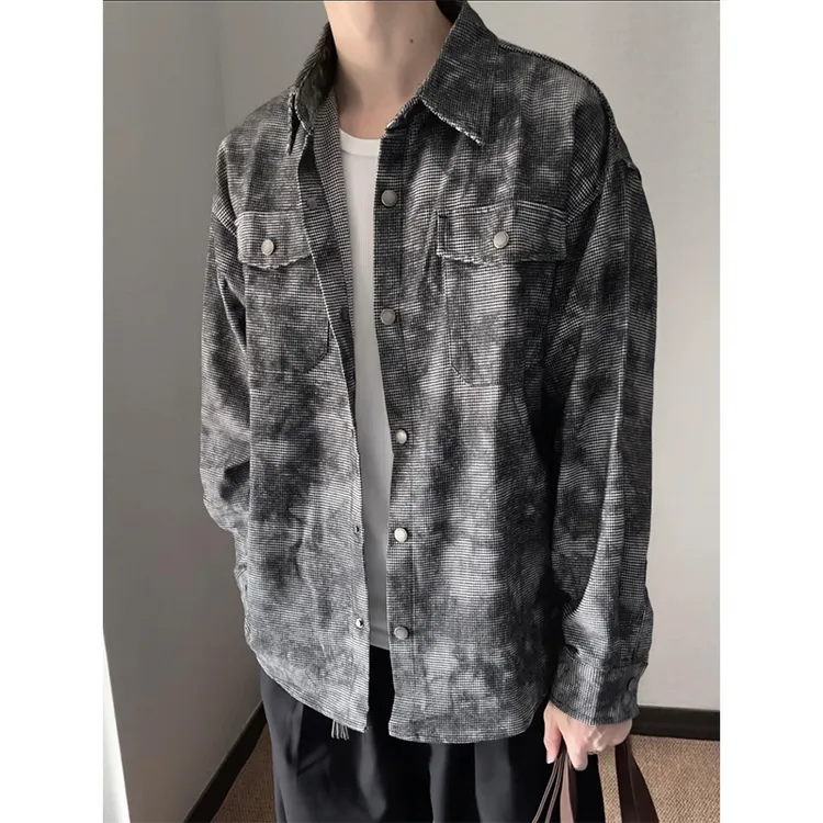 FMQZ STUDIO高街做旧扎染肌理感长袖衬衫男美式宽松休闲衬衣外套