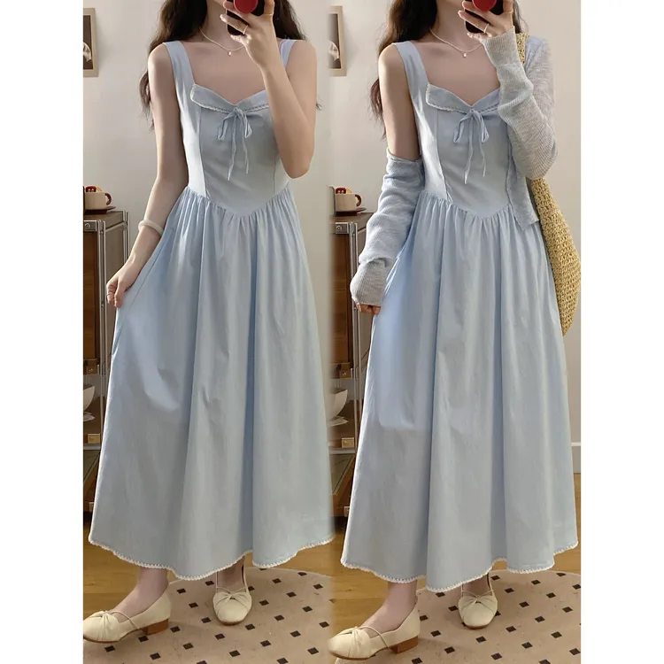 大码海蓝气质女夏显瘦温柔收腰仙气开衫+吊带连衣裙两件套