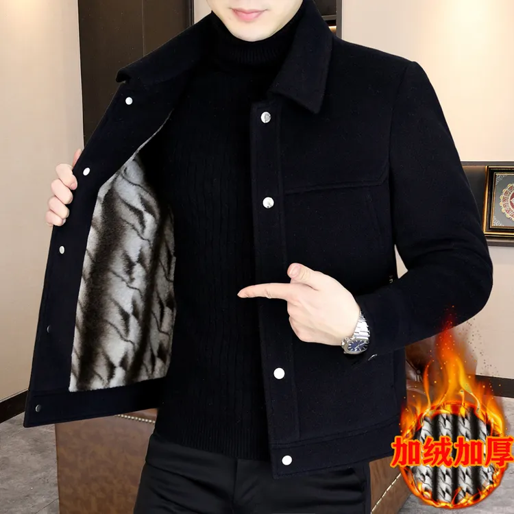 秋冬季新款加绒加厚毛呢男外套潮流短款修身呢子夹克大衣