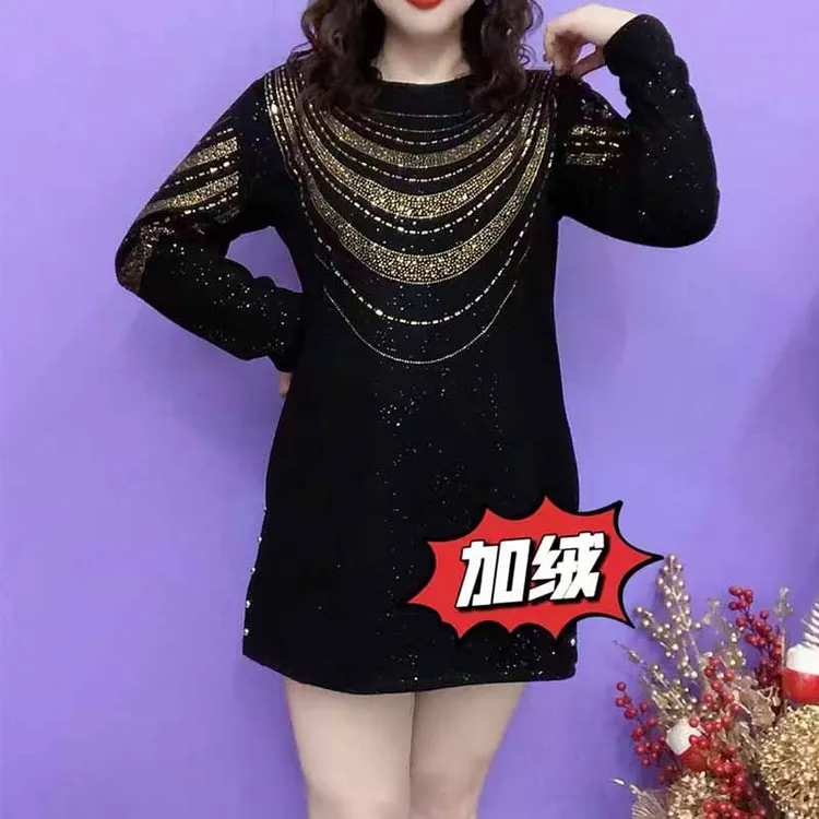 纯色圆领中长款烫钻中老年女装百搭加绒镶钻黑色时尚保暖连衣裙女