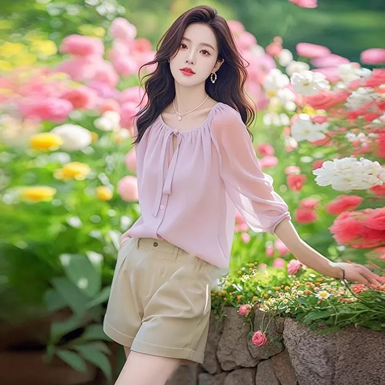 时尚雪纺衬衫女夏季2025新款七分袖气质休闲上衣轻奢洋气减龄衬衣