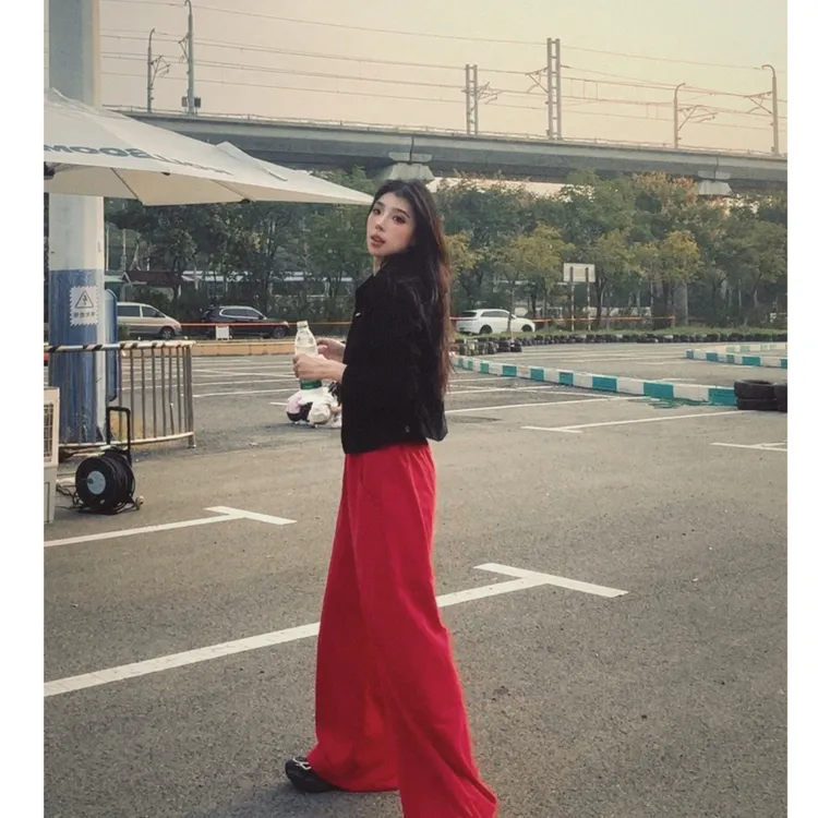 休闲时尚美式辣妹红色长裤百搭款式低腰阔腿裤