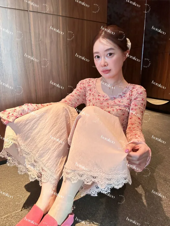 [BORAKOO]樱花粉蕾丝花边垂感休闲八分裤凉凉裤