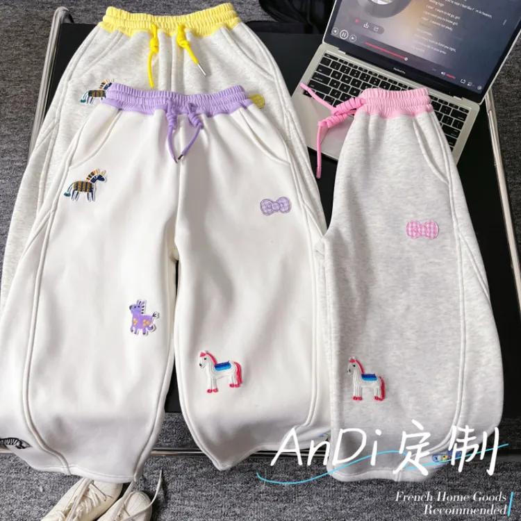 〖ANDI〗安迪订制冬季中大童卡通小马刺绣休闲加绒休闲弯刀裤5398